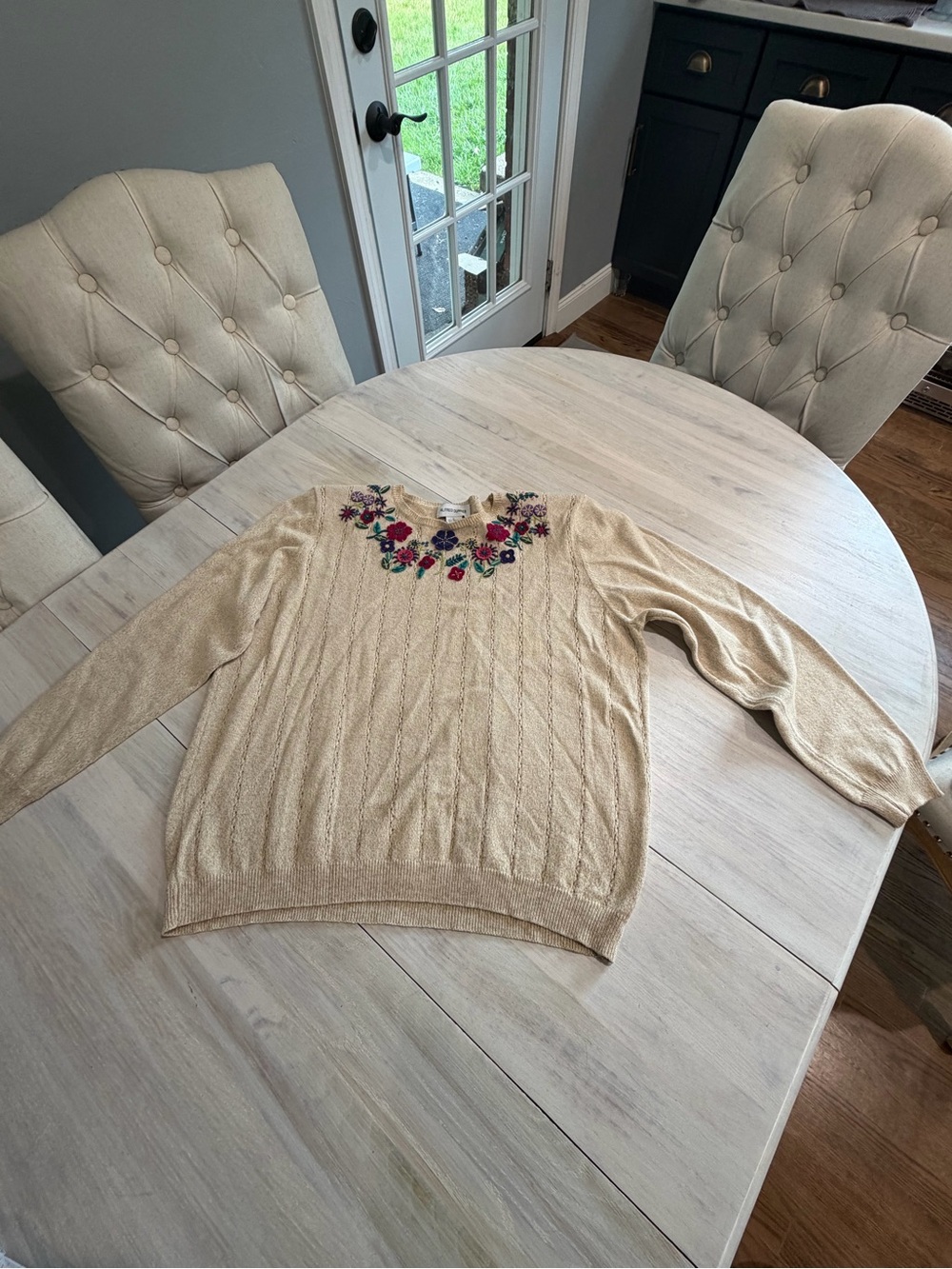 Alfred Dunner Cream Crewneck Sweater with Floral Neck Embroidery